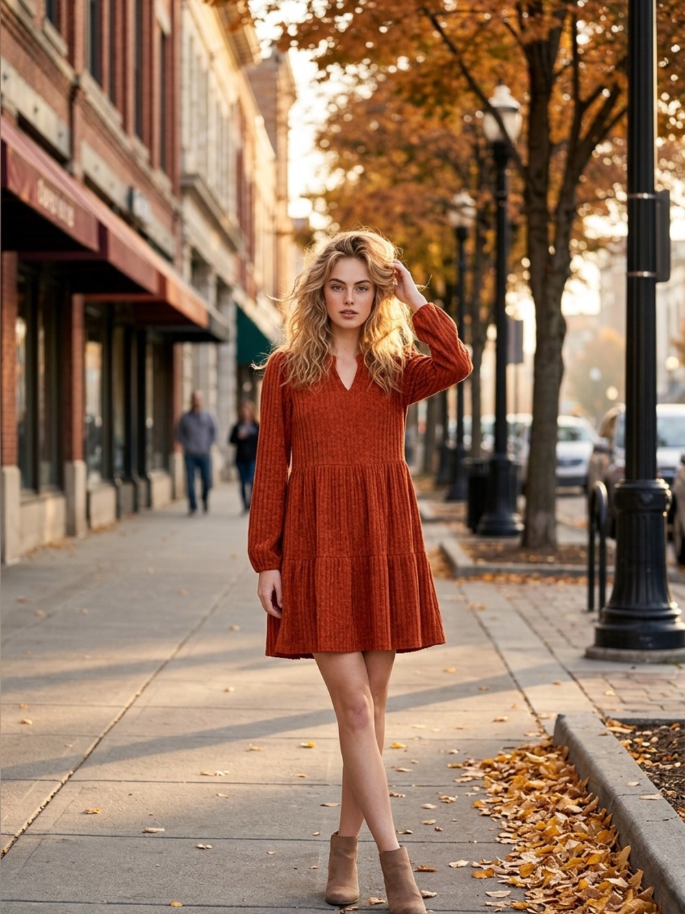 ANRABESS Rust Orange Ribbed Knit Babydoll Dress Lantern Sleeve Notch Neck Womens